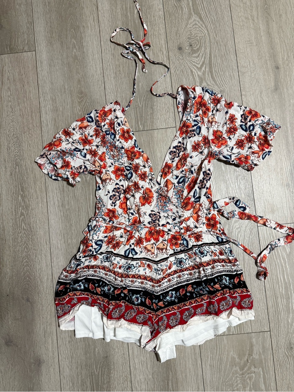 Blue Rain White Floral Tie-Waist V-Neck Romper with Red and Navy Accents